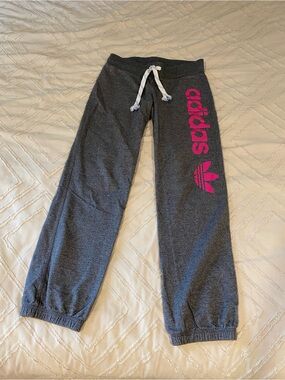 adidas Gray Sweatpants with Pink Logo